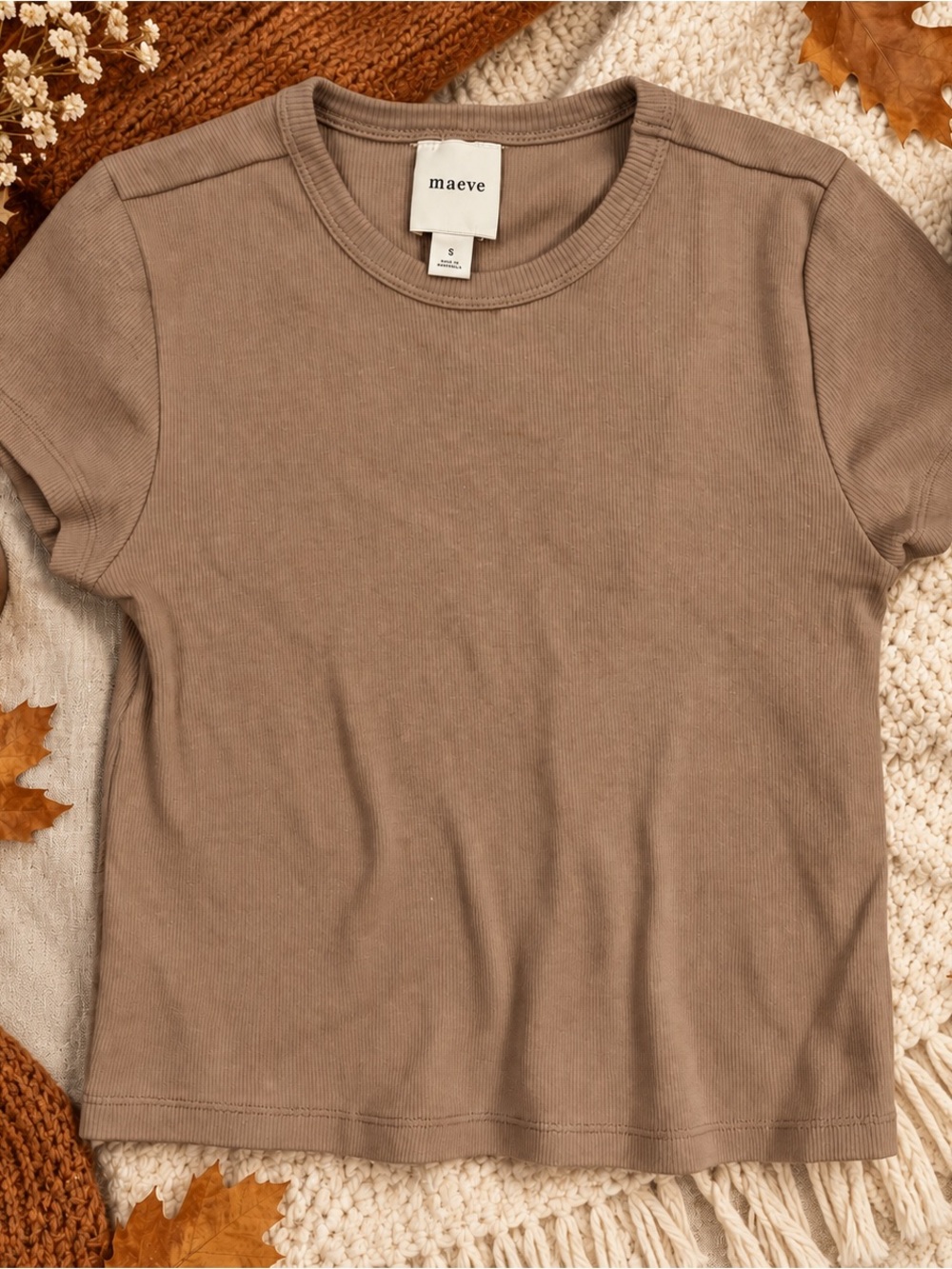 Maeve Anthropologie Ribbed Baby Tee Tan Brown Cotton Stretch Size S